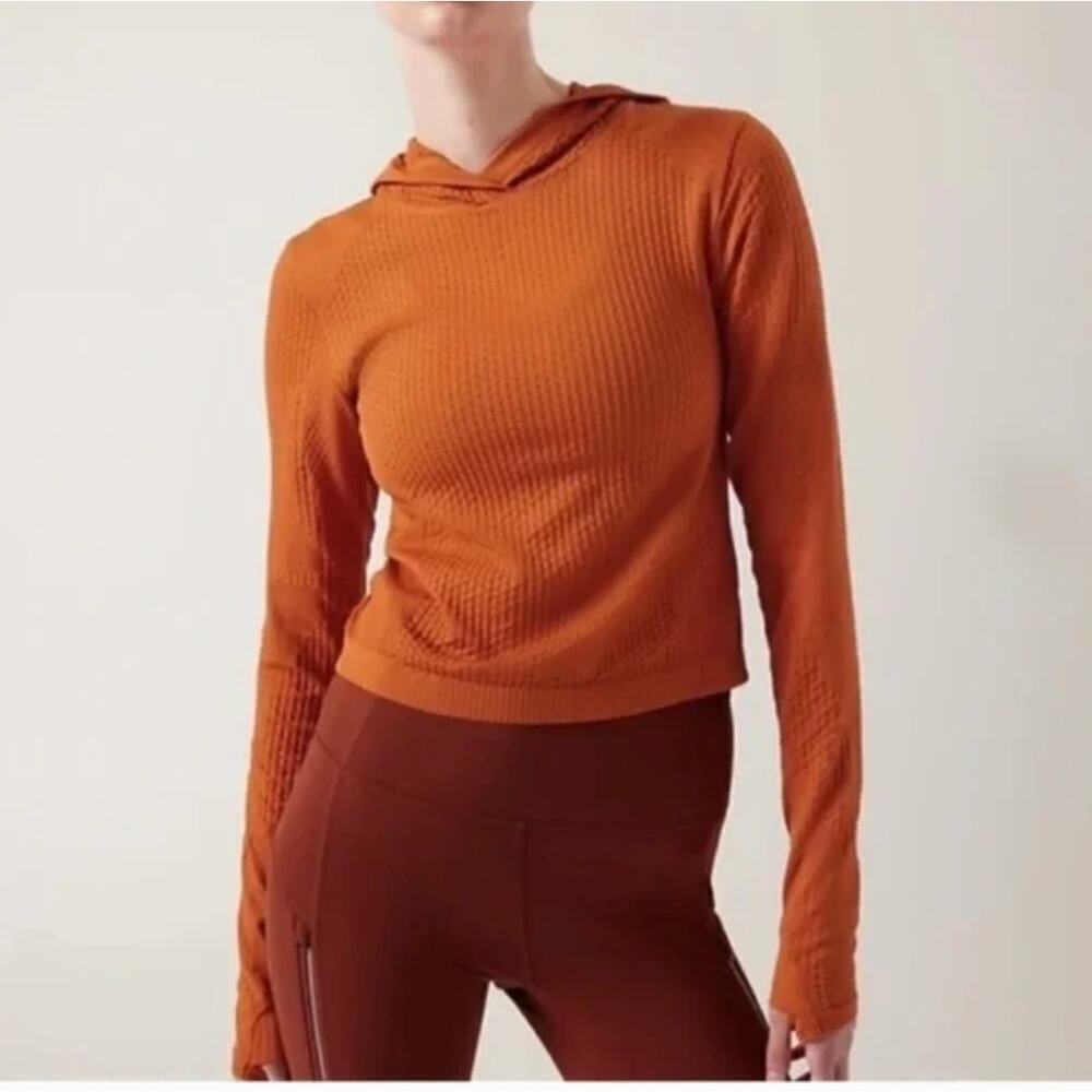 Athleta Flurry Seamless Cropped Hoodie Long Sleeve Top SMALL Orange Running